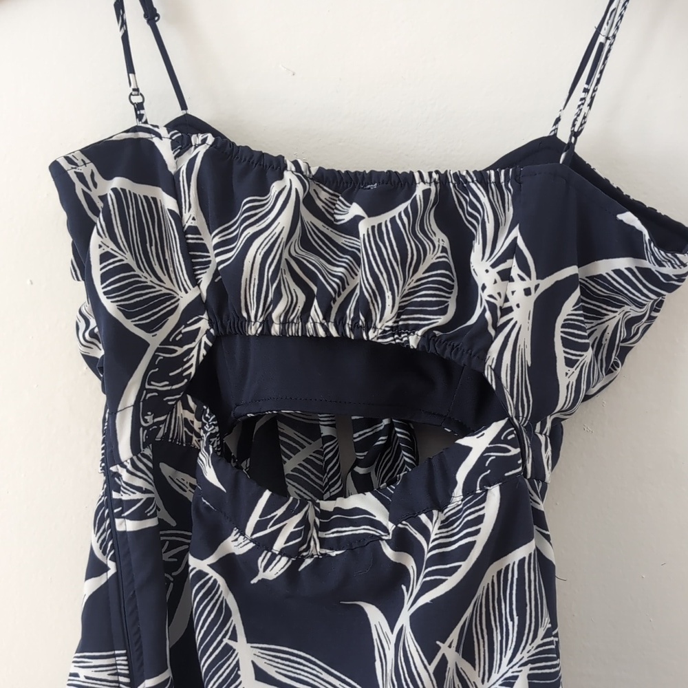 Favlux Cotton Navy White Tropical Leaf Print Cropped Mini Sun Dress Sz Medium - Picture 8 of 9